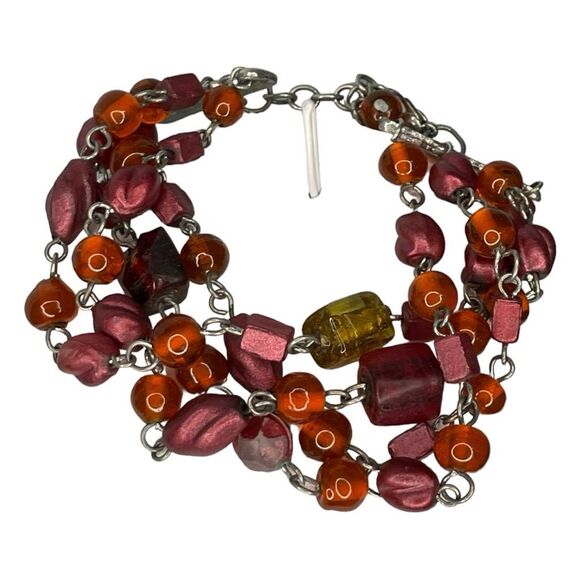 Vintage 80s Beaded Bracelet Red Silver Tone Metal Chain Link Glass - Picture 3 of 5